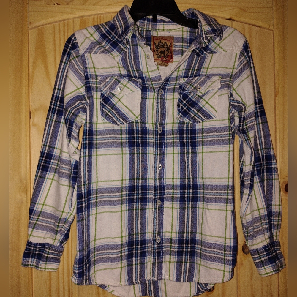 Red Camel Big Boys Size Large Blue and Green Plaid Button Down Shirt